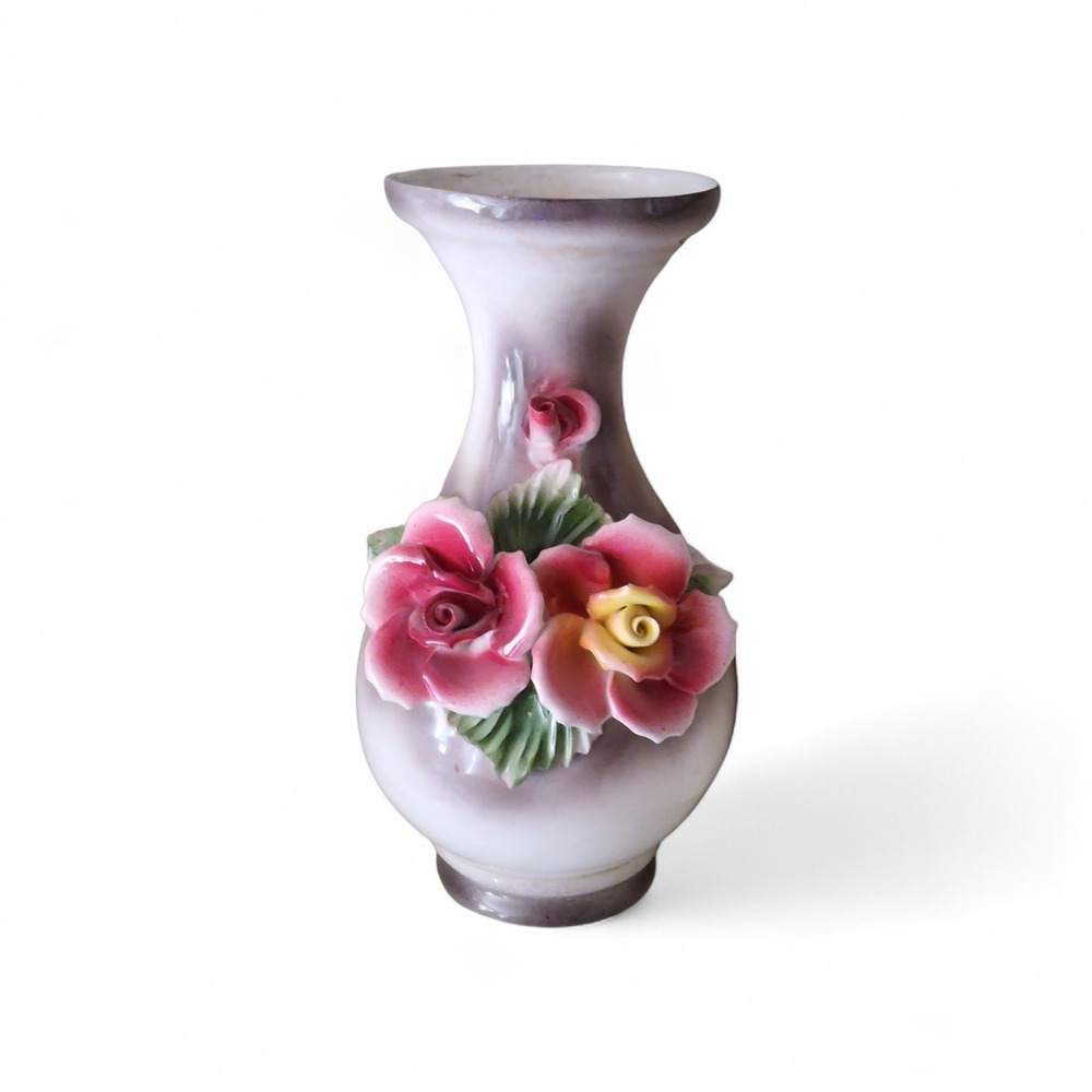 Italian Capodimonte‎ Vase Hand-Applied Roses Mid-Century Decor Porcelain 11 in